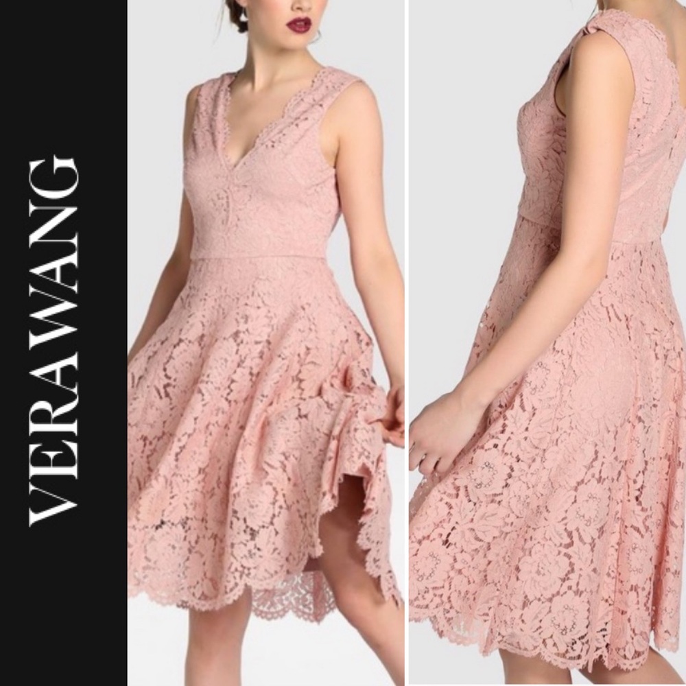 Vera Wang Pink Lace V-Neck Fit & Flare Dress